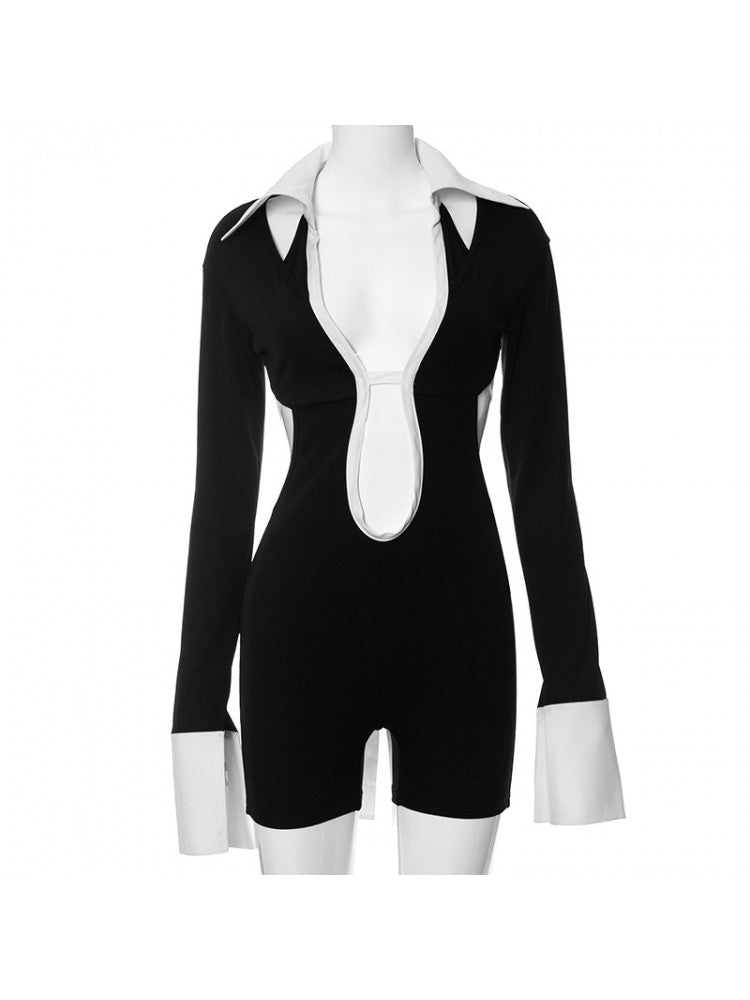 Black long sleeve Deep V Neck Bodysuit, White Collar