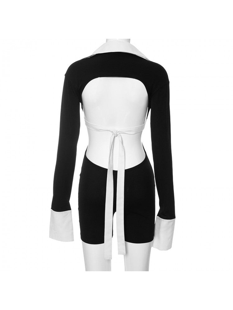 Black long sleeve Deep V Neck Bodysuit, White Collar