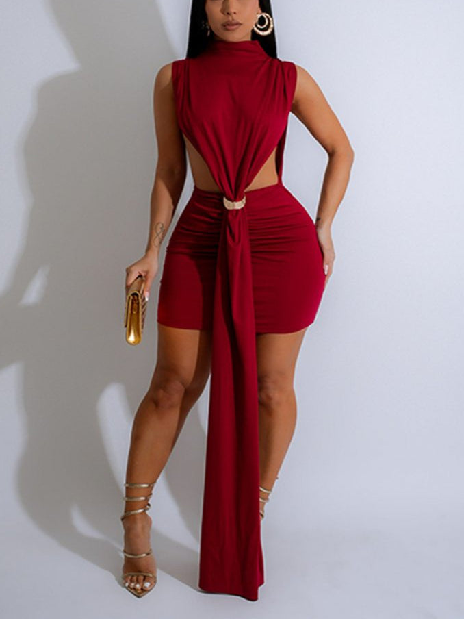 Metal Decor Hollow-out Ribbons Mini Dress