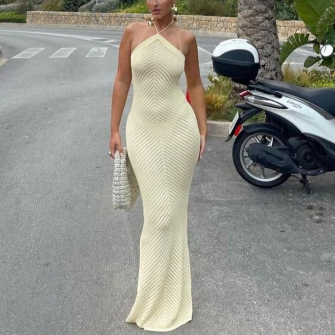 Knitted Halter Tie-wrap Backless Maxi Dress