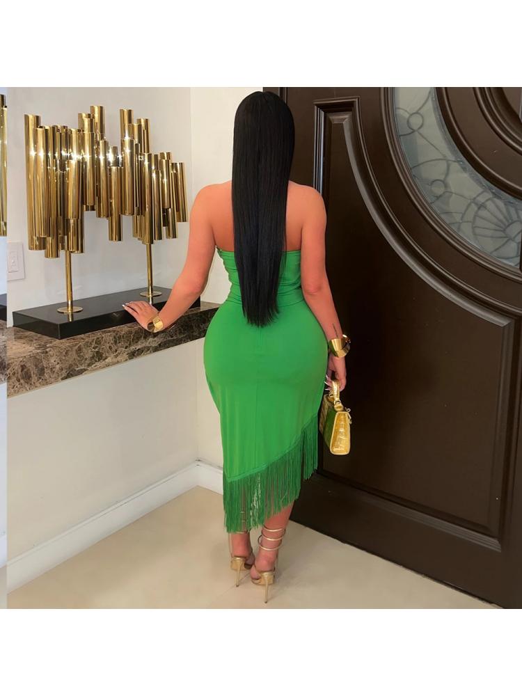 Knot Ruched Backless Fringe Midi Dress