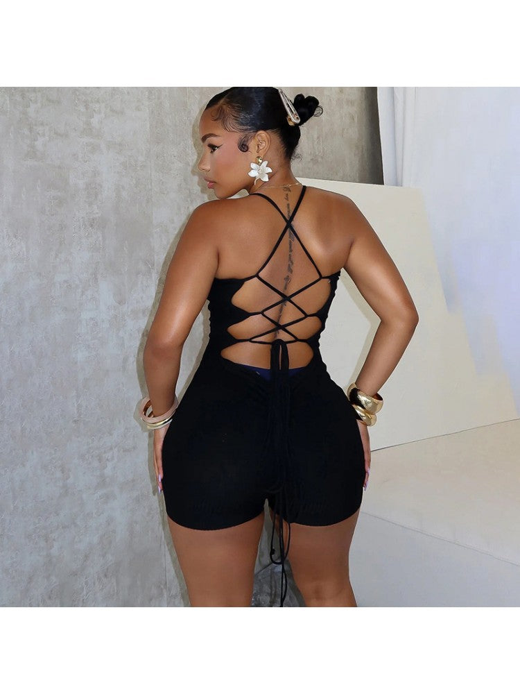 Halter V Neck Backless Lace-Up Rompers