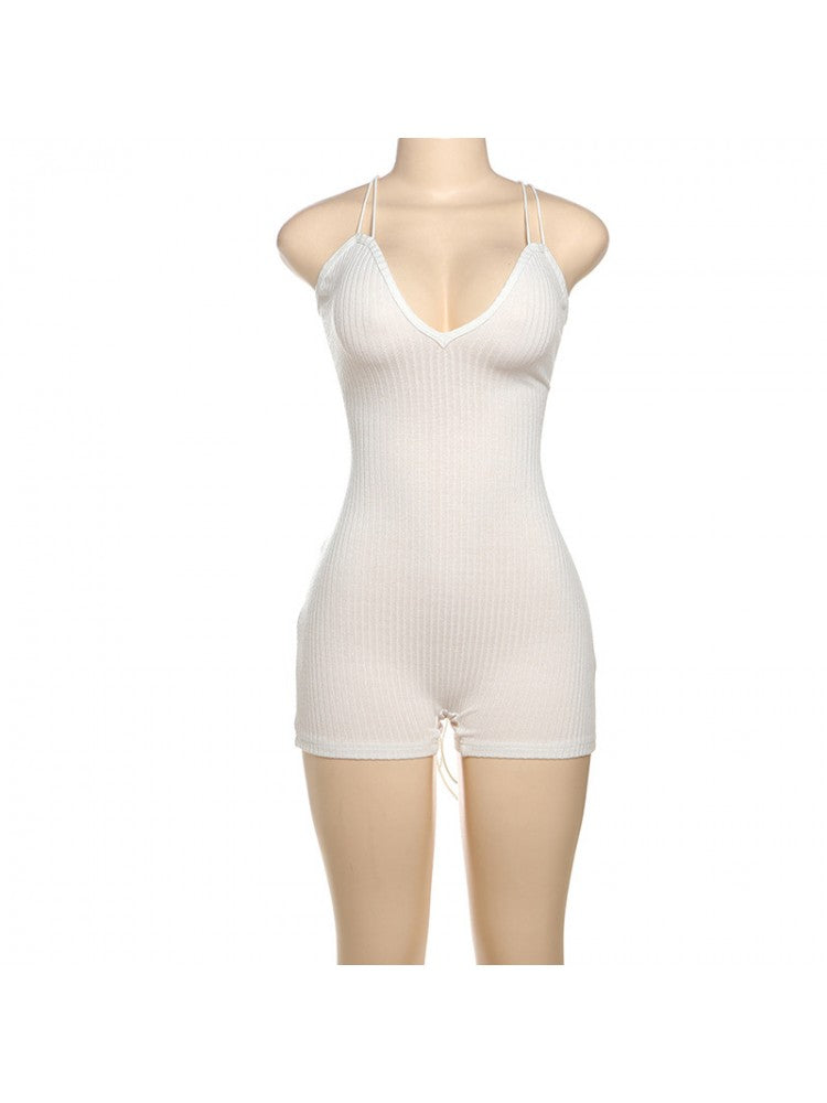 Halter V Neck Backless Lace-Up Rompers