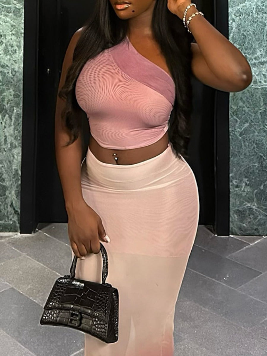 Elegant One Shoulder Gradient Sleeveless Two-piece Skirt Set