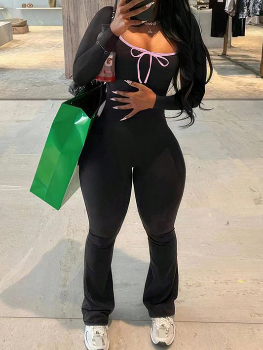 Pink Bow Long sleeve Black jumpsuit