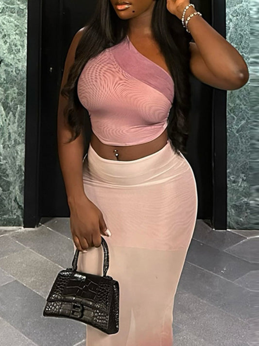 Elegant One Shoulder Gradient Sleeveless Two-piece Skirt Set