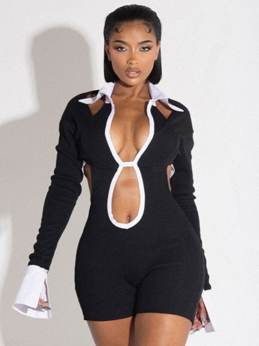 Black long sleeve Deep V Neck Bodysuit, White Collar