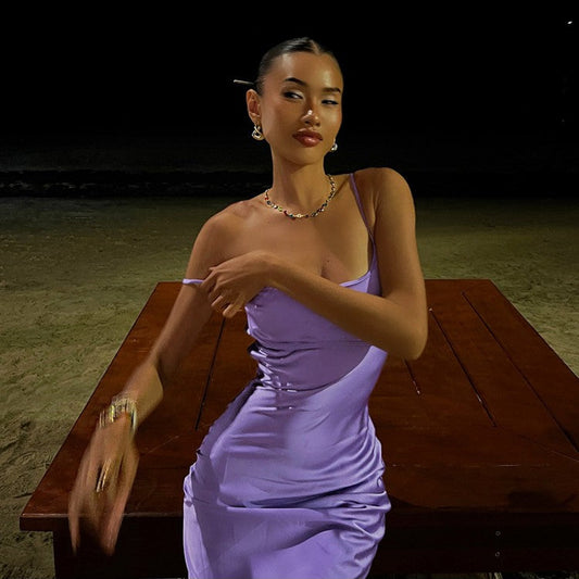 Lavender Plain Backless U Neck Sleeveless Maxi Dress