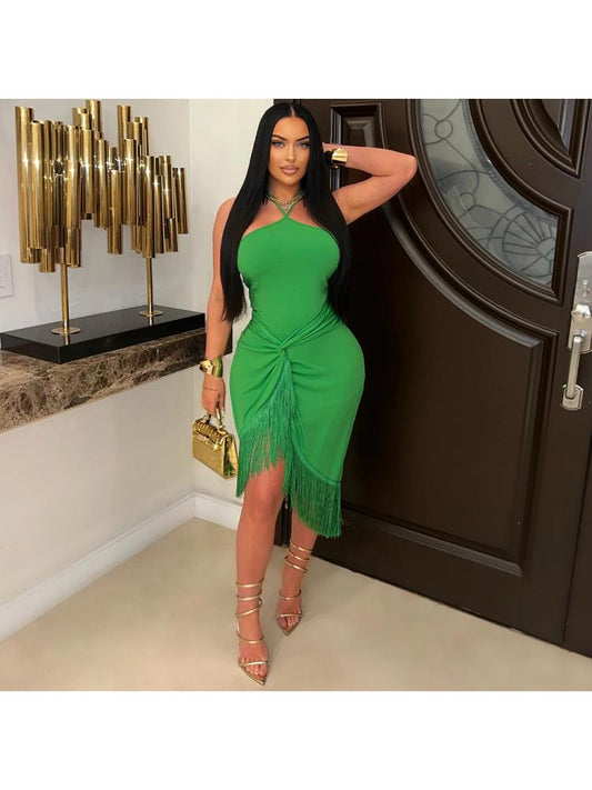 Knot Ruched Backless Fringe Midi Dress