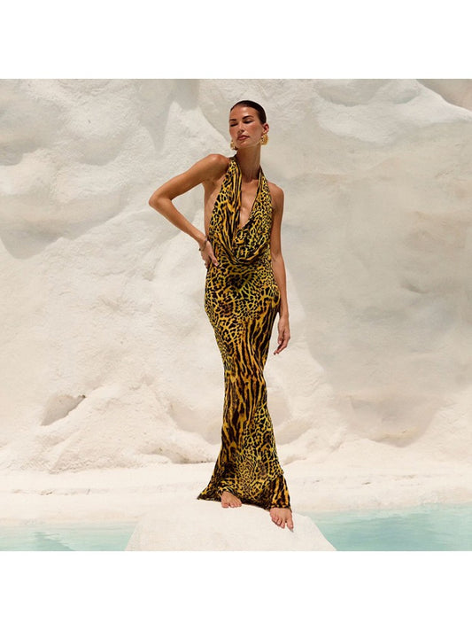 Sexy Leopard Backless Wing Neck Halter Maxi Dress